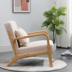 Discount RETIF Fauteuil Beige Lounge Scandinave Avec Structure Bois Et Tissu 66X84X75 Cm