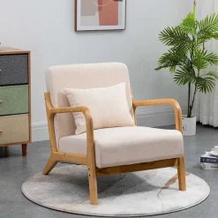 Discount RETIF Fauteuil Beige Lounge Scandinave Avec Structure Bois Et Tissu 66X84X75 Cm
