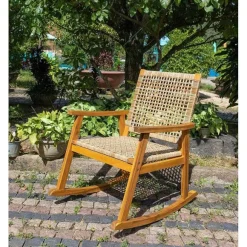 Flash Sale RETIF Rocking Chair Interieur Exterieur En Acacia Et Corde