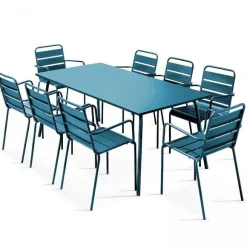 Hot RETIF Table Acier Rect 180X90X72 + 8 Fauteuils Palavas Bleu Pacific Acier