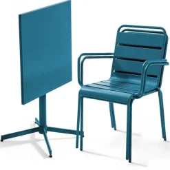 Outlet RETIF Table Carr E Inclinable 70X70 Cm+ 2 Fauteuils Palavas Bleu Pacific Acier
